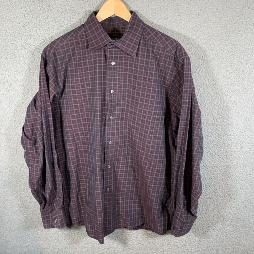 S‎ Hugo Boss Shirt Mens L Purple Plaid Button Up Regular Fit Dress Long Sleeve